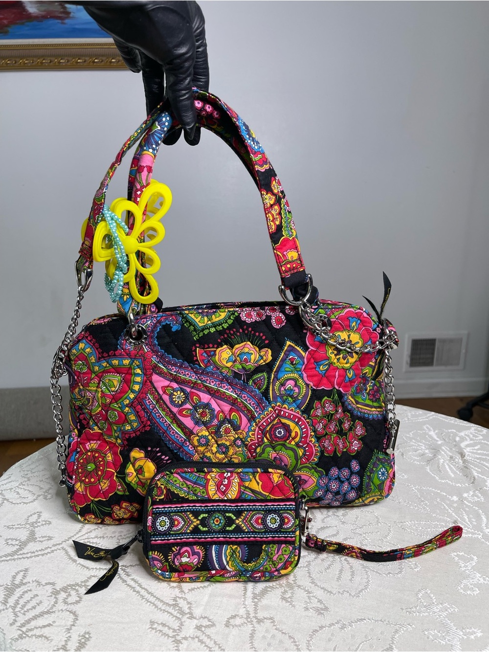 Vera Bradley Black Multi Paisley Quilted Shoulder Bag with Wristlet